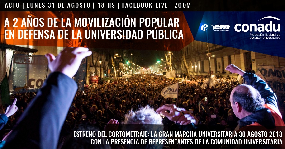 Flyer de CONADU. 2 años de la movilización popular en defensa de la Universidad Pública