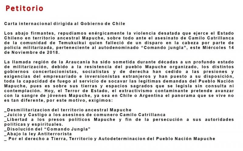 Petitorio al gobierno chileno, de la comunidad mapuche.
