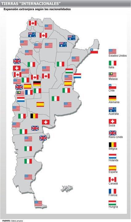 Mapa de las tierras en manos extranjeras en Argentina