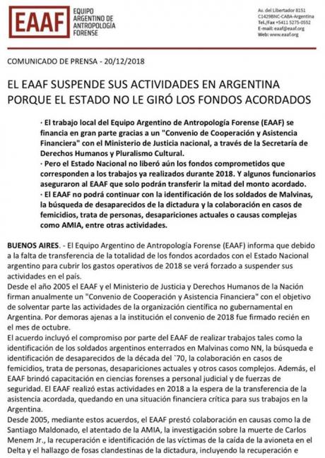 Sin fondos al Equipo Argentino de Antropología Forense.