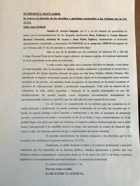 Escrito de Arroyo Salgado a la renuncia de ser querellante en la causa Nisman.